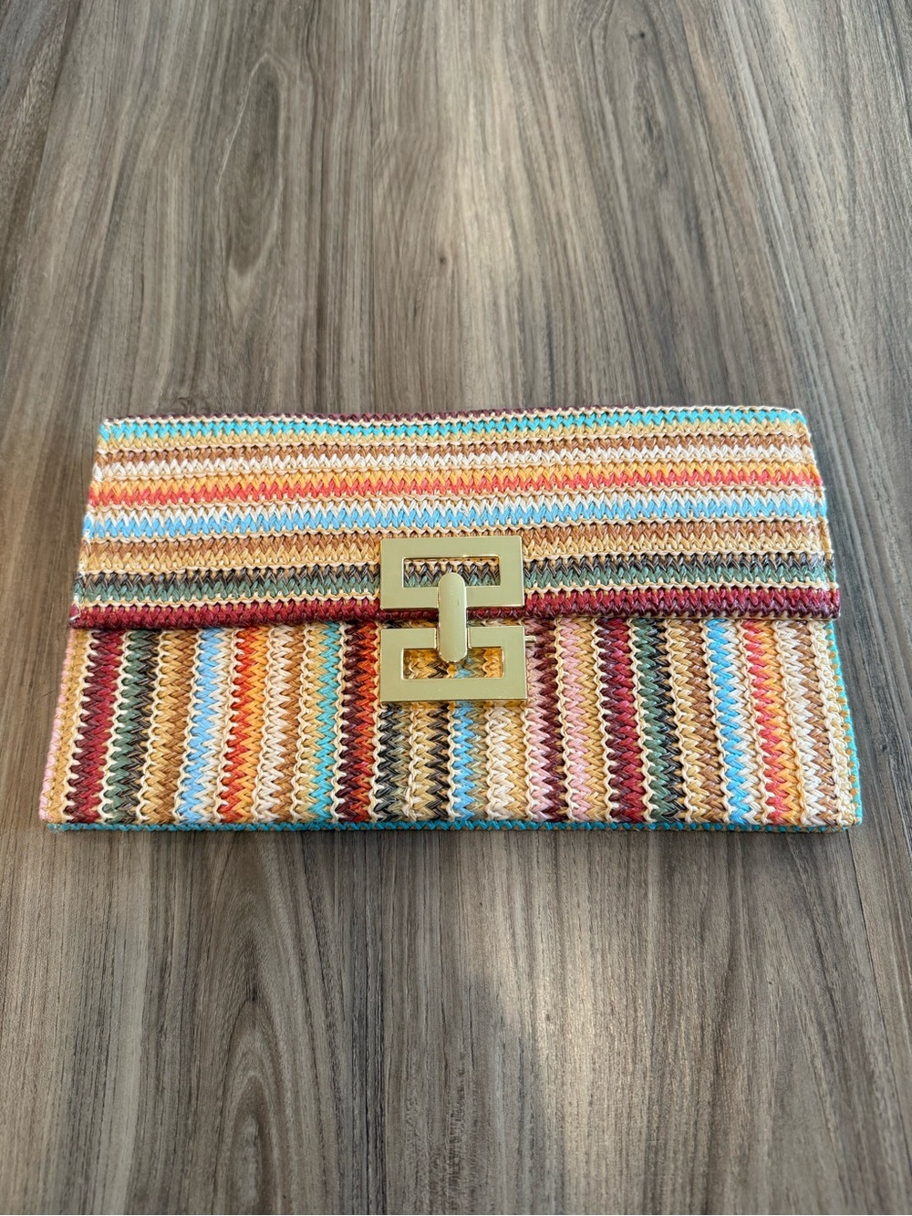 Colorful Striped Raffia Woven Vacation Clutch with Gold Clasp